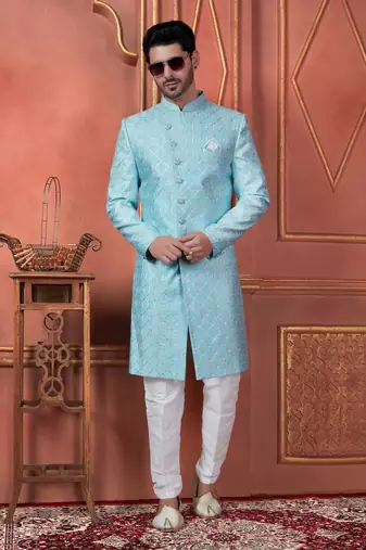 men blue computer thread work on art silk sherwani set