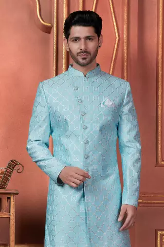 men blue computer thread work on art silk sherwani set