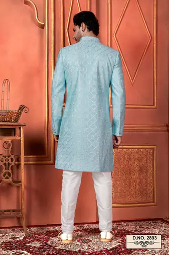 men blue computer thread work on art silk sherwani set