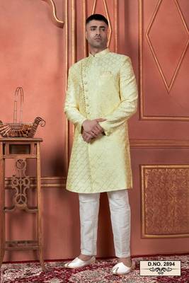 men yellow computer thread work on art silk sherwani set 1