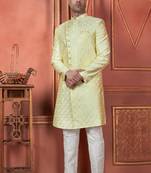 Men yellow computer thread work on art silk sherwani set