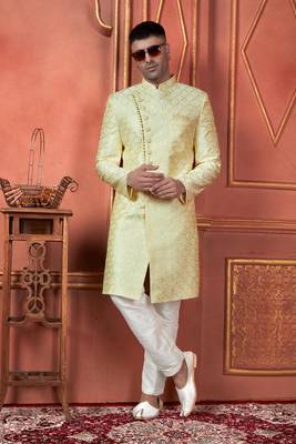 men yellow computer thread work on art silk sherwani set 2