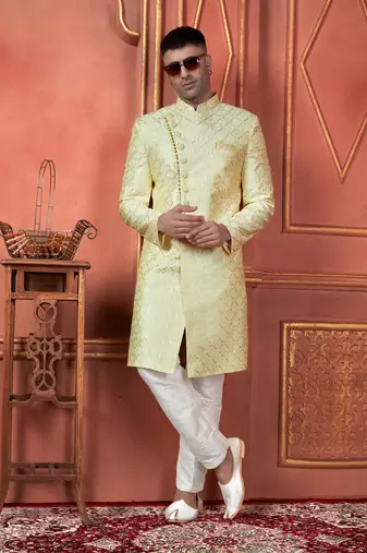 men yellow computer thread work on art silk sherwani set