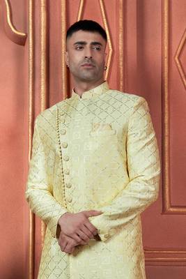 men yellow computer thread work on art silk sherwani set 3
