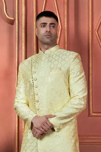 men yellow computer thread work on art silk sherwani set