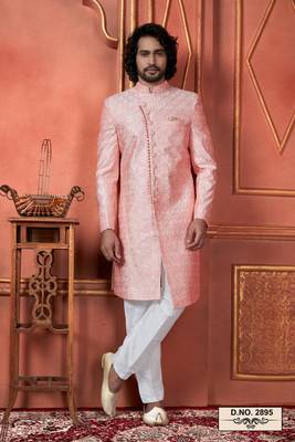 men pink computer thread work on art silk sherwani set 1