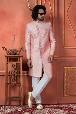 men pink computer thread work on art silk sherwani set 2