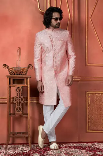 men pink computer thread work on art silk sherwani set