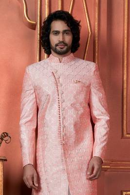 men pink computer thread work on art silk sherwani set 3