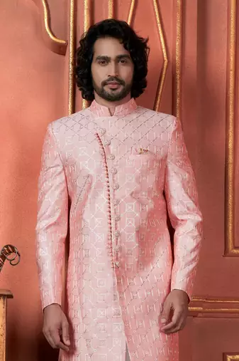 men pink computer thread work on art silk sherwani set