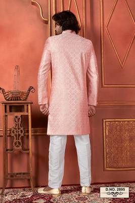 men pink computer thread work on art silk sherwani set 4