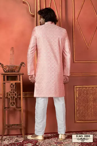 men pink computer thread work on art silk sherwani set