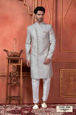 men grey computer thread work on art silk sherwani set 1
