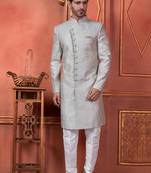 Men grey computer thread work on art silk sherwani set
