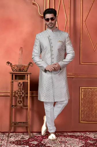 men grey computer thread work on art silk sherwani set