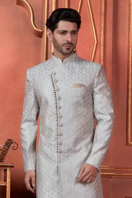 men grey computer thread work on art silk sherwani set 3