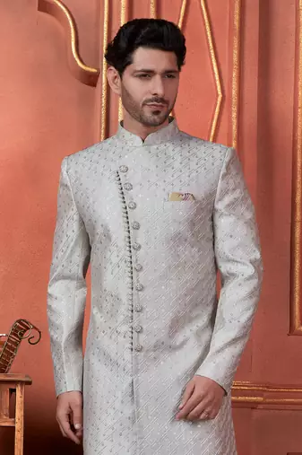 men grey computer thread work on art silk sherwani set