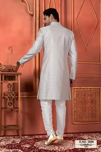men grey computer thread work on art silk sherwani set