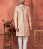 Men orange computer thread work on art silk sherwani set