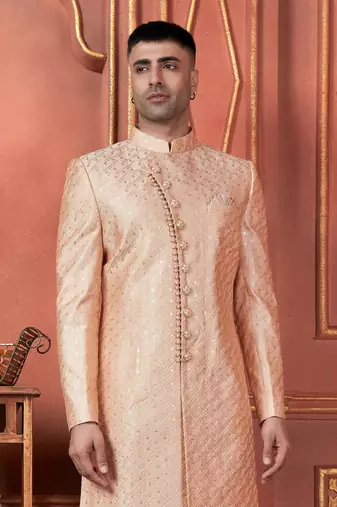 men orange computer thread work on art silk sherwani set