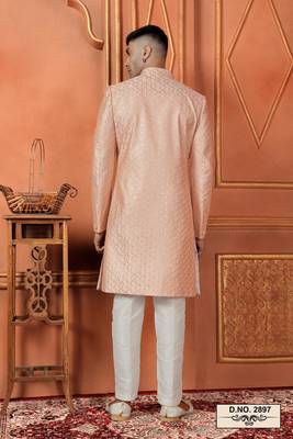 men orange computer thread work on art silk sherwani set 4