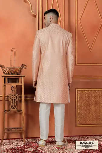 men orange computer thread work on art silk sherwani set