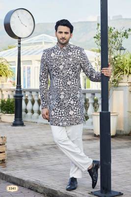 men grey computer thread work on velvet sherwani 1