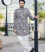 Men grey computer thread work on velvet indo western
