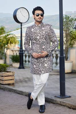 men grey computer thread work on velvet sherwani 2
