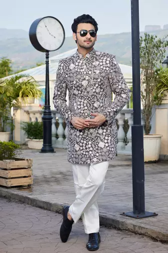 men grey computer thread work on velvet sherwani