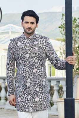 men grey computer thread work on velvet sherwani 3