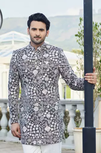 men grey computer thread work on velvet sherwani