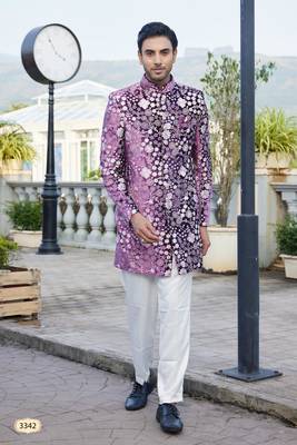 men majenta computer thread work on velvet sherwani 1