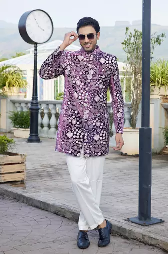 men majenta computer thread work on velvet sherwani