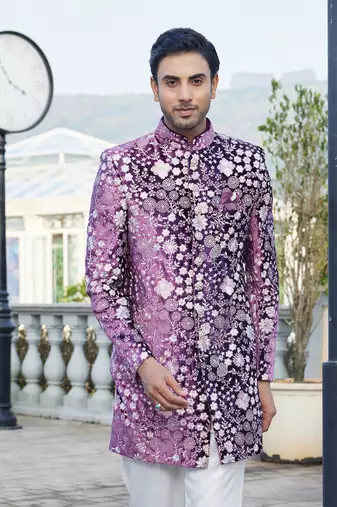 men majenta computer thread work on velvet sherwani