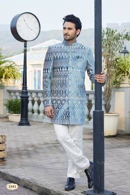 men teal blue computer thread work on velvet sherwani 1