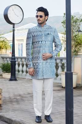 men teal blue computer thread work on velvet sherwani 2