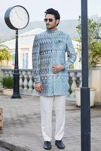 men teal blue computer thread work on velvet sherwani
