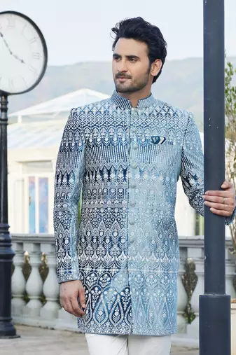 men teal blue computer thread work on velvet sherwani