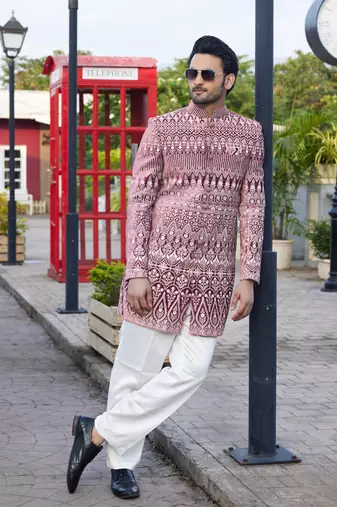 men dark onion computer thread work on velvet sherwani