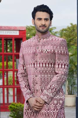 men dark onion computer thread work on velvet sherwani 3