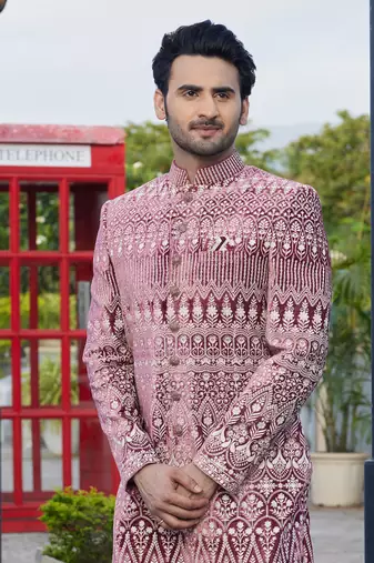 men dark onion computer thread work on velvet sherwani