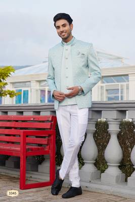 men blue computer thread work on velvet 3 pcs-jacket jodhpuri 1