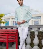 Men blue computer thread work on velvet 3 pcs-jacket jodhpuri