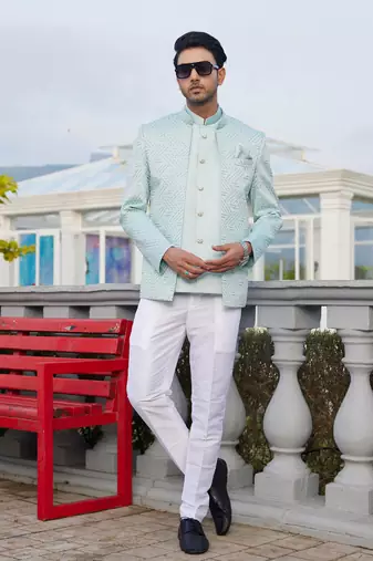 men blue computer thread work on velvet 3 pcs-jacket jodhpuri