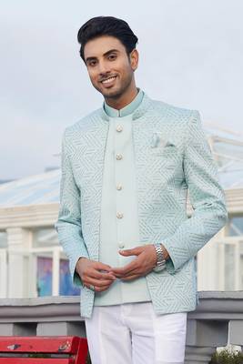 men blue computer thread work on velvet 3 pcs-jacket jodhpuri 3