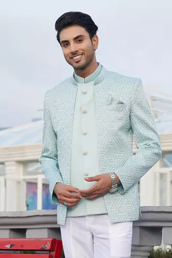 men blue computer thread work on velvet 3 pcs-jacket jodhpuri