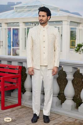 men cream computer thread work on velvet 3 pcs-jacket jodhpuri 1