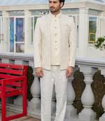 Men cream computer thread work on velvet 3 pcs-jacket jodhpuri