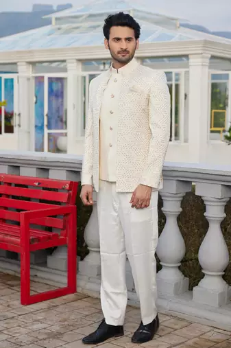 men cream computer thread work on velvet 3 pcs-jacket jodhpuri